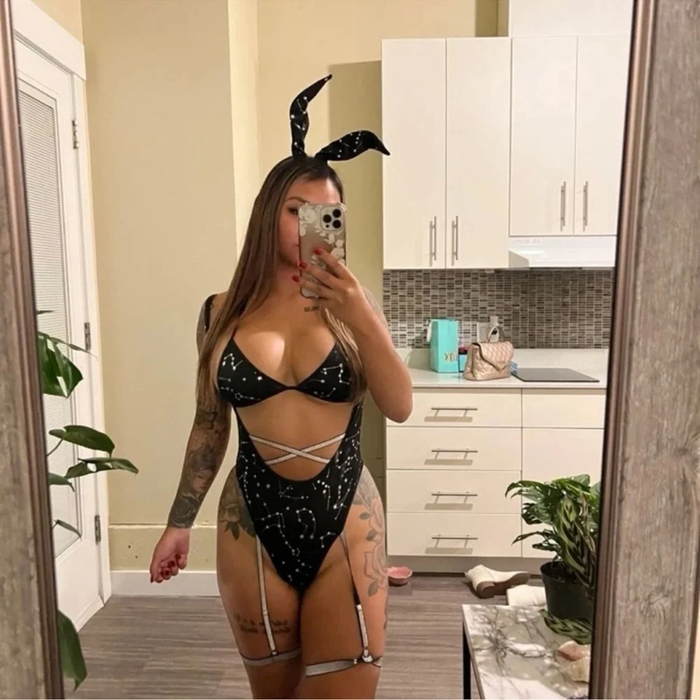 Festival Rave Easter Bunny Black Galaxy Star Bodysuit Outfit